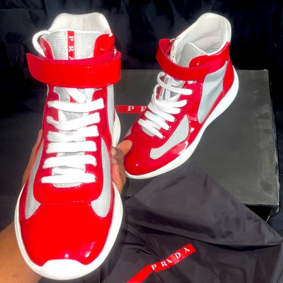 MENS RED AND WHITE HIGHTOP PRADAS - Picture 1 of 5